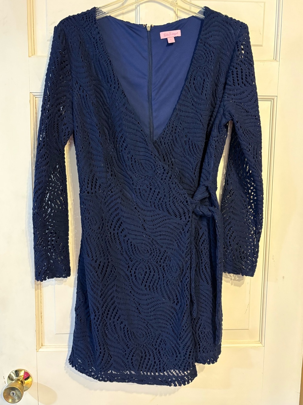 Lilly Pulitzer Navy Crochet Wrap Long-Sleeve romper size Large